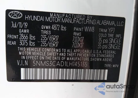 2020 Hyundai Santa Fe Sel z USA, uszkodzony, nr VIN 5NMS3CAD1LH145135